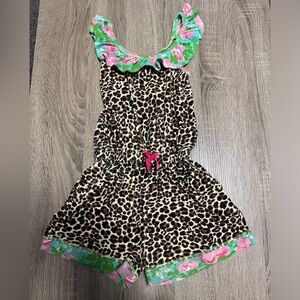 Girls shorts romper. Leopard with floral contrast.